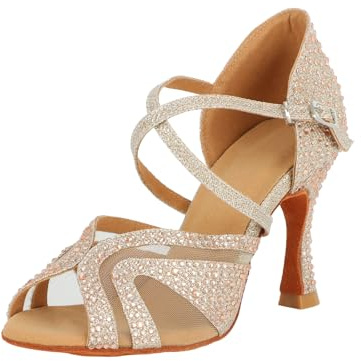 Jywmsc Scarpe da Ballo Latino Donna con Strass Glitterati Peep Toe Cross Strap Scarpe da Ballo Sociali Salsa Tango Sandali per la Festa di Nozze