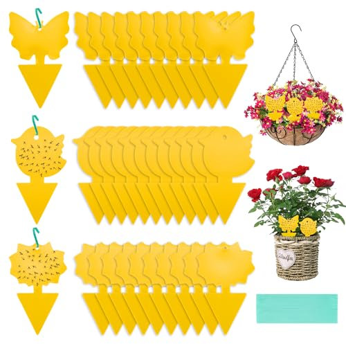 Anti Moucherons Interieur Pièges à Insectes 60 Pcs Anti Moucherons Plantes Interieur Pièges Engluées Autocollants Colle Double-Face Étanche Jaunes avec Trou et 60 Corde pour Jardin, Arbres Fruitiers