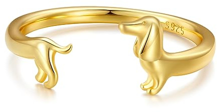 Bonito anillo de perro salchicha de plata de ley 925 para mascotas, cachorro, perro, banda de dedo abierta, anillo de declaración abierta, bandas ajustables, joyas delicadas para mujeres amantes de