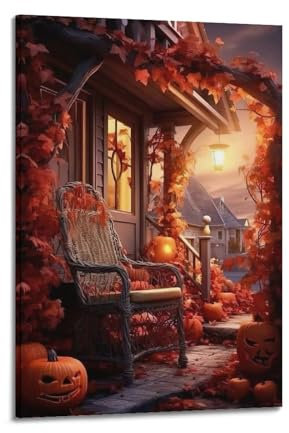 ZSLYMX Halloween-Poster, Stühle und Kürbisse auf dem Boden, Marvel-Poster, dekoratives Gemälde, Leinwand, Wandposter für Schlafzimmer, Dekoration und Kunstdruck, moderne Familie, 60 x 90 cm