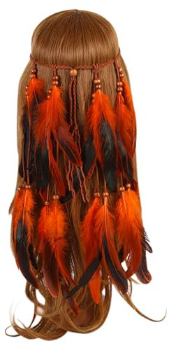 Durdiiy Bandeau à Plumes Bohémien Hippie avec Gland - Serre-tête Indien Coloré pour Femmes et Filles, Accessoire de Cheveux Tribal pour Costume Fête, Coiffe Boho Chic Vintage (orange, 30)