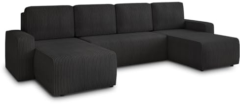 Sofnet Wohnlandschaft mit Schlaffunktion Roma - U-Form Couch, Schlafsofa mit Bettkasten, Couchgranitur mit Bettfunktion, Big Sofa, Cord Stoff (Schwarz (Poso 135))