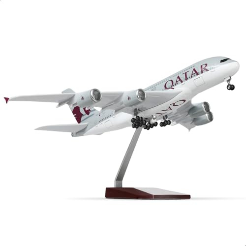 QIYUMOKE Maquette d'avion A380 à l'échelle 1/200 - Modèle d'avion pour Qatar Moulé sous Pression - avec Support (35,6 cm - L) - Kit de Modèle pré-Construit pour Adulte Créatifs d'Aviation