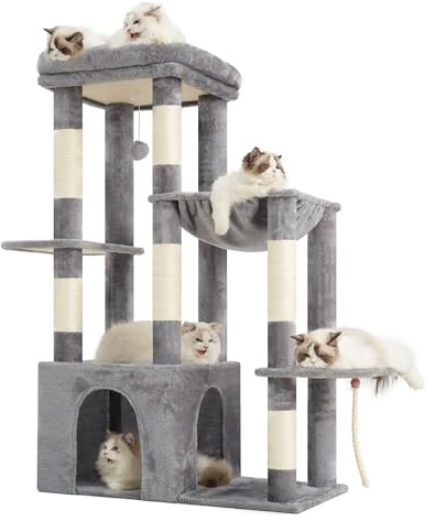 Heybly Kratzbaum 120cm - Großer Katzenbaum mit XL-Basis, für große Katzen & Mehrkatzenhaushalte, Große obere Ruheplattform, Katzenhöhle, Sisal-Kratzsäulen, Hängematte und Spielball, Hellgrau HCT026W