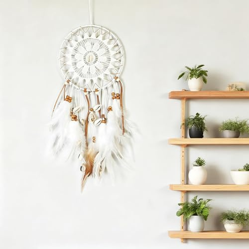 HASLED Acchiappasogni Bianco Fatto a Mano con Piume, Decorazione Murale per Camera da Letto, Regalo Simbolico - 40 cm