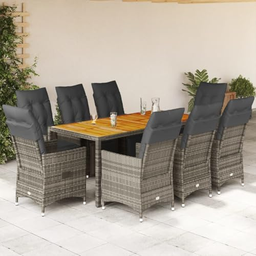 Teenpull 9-TLG. Set di bistrò da giardino con cuscino, grigio polyrattan, poltrona relax regolabile, in legno di acacia per patio balcone