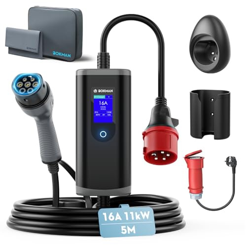 bokman Mobile Wallbox 11kW, Typ 2 Ladekabel mit CEE Stecker & Adapterkabel 5 Meter |16A | 3-Phasig | IP65 Wasserdicht, Tragbares EV-Ladegerät für IEC 62196-2 mit Tragetasche & Mikrofaserhandtuch
