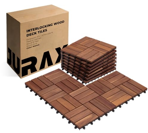 Premium Solid Wood Interlocking Deck Tiles, 10 PCs 12”x12” Snap Together Patio Flooring for Outdoor, Balcony, Porch, Poolside, Waterproof All Weather (Walnut)