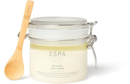 ESPA Relaxing Salt Scrub 500g | Body Scrub to Nourish, Hydrate and Sweep Away Dry, Dull Skin | Natural Sea Salts, Sweet Almond Oil, Bay & Lavender | With Bamboo Spoon