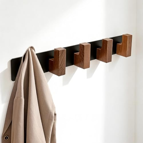 WJUAN Attaccapanni da Parete 38 cm, Appendi Abiti per Muro con 5 Ganci in Legno, Ganci Appendiabiti da Parete Multifunzionale, con Accessori di Montaggio, per Ingresso, Camera da Letto, Soggiorno
