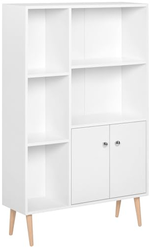 HOMCOM Sideboard Storage Cabinet Cupboard, Open Bookcase with 2 Doors 5 Compartments Wooden Modern Style for Living Room Bedroom Kitchen 80 x 23 x 123 cm, White