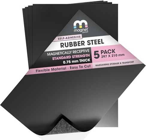 TMS Rubber Steel Sheets | Soft Metal Ferrous Sheet for Wargaming Miniature Storage, Magnetic Displays or Hobby Purposes | 5 Pack | 0.75mm thick | A4 (30×21cm)