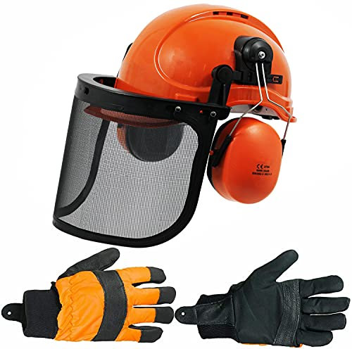SPARES2GO Chainsaw Safety Helmet with Mesh Visor, Ear Muffs & Gloves