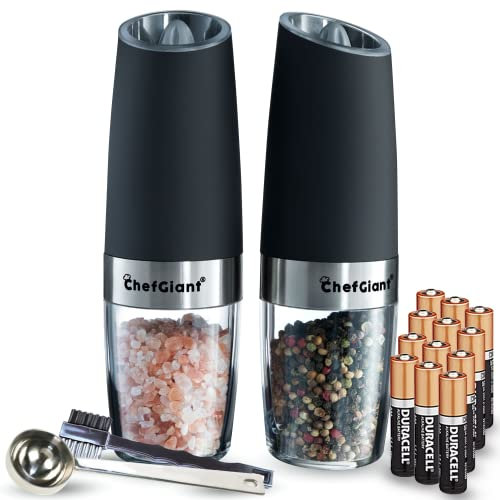 ChefGiant Juego de molinillo automático de especias | Molinillos eléctricos recargables de sal y pimienta con funcionamiento activado por gravedad, luz LED y grosor ajustable | Baterías adicionales
