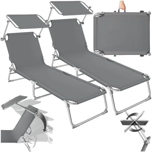 tectake® Chaise Longue Pliante Portable Bain de Soleil Jardin Exterieur avec Pare Soleil Chaise Longue inclinable Transat de Plage Relax Camping Salon de Jardin Exterieur - Gris