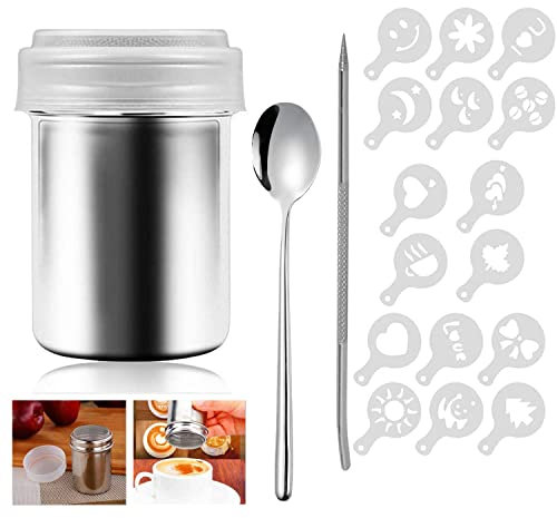 Spargi Zucchero in Acciaio Inox 304 Setaccio Cacao a maglia fine con coperchio per Cucina Cannella Cioccolato Caffe, 16 stencil per caffè, 1 Perno di Arte, 1 cucchiaio Metallo