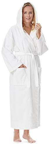 Arus Women`s bathrobe with hood, calf length, 100% cotton terry towelling, white, L-XL