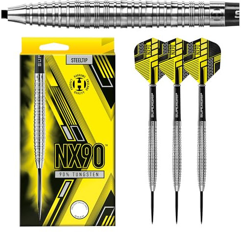 Harrows NX90 90% Tungsten Darts | Darts-Set mit Stahlspitze| 21g, 22g, 23g, 24g, 25g & 26g | Enthält Supergrip-Schäfte und 100-Mikron-NX90-Flüge (Tapered 24g)