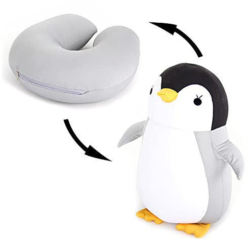 JFAN Reisekissen 2 in 1 Nackenkissen Reise U-förmiges Deformations-Nackenkissen, Geeignet für Flugzeuge, Reisen, Züge, Büro, Ruhe und Schlaf (Grauer Pinguin)