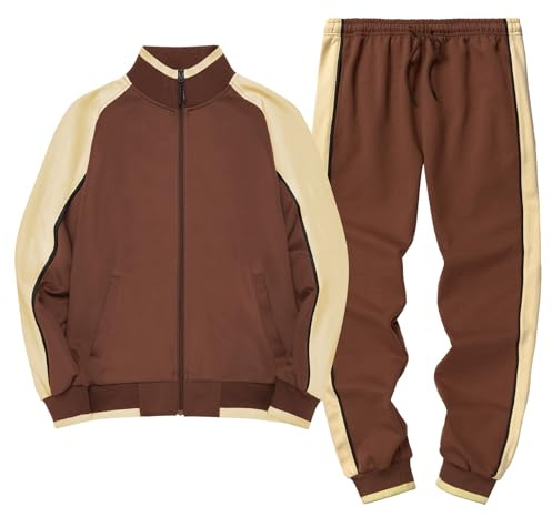 amropi Tute da Ginnastica Uomo Maniche Lunghe Felpa con Cerniera e Jogging Pantaloni Sportiva Set caffè Beige,L