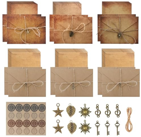 DesertBoy Vintage Letter Paper Aged Envelopes, Vintage Letter Writing Set, Writing Paper and Envelopes Set (24 Sheets Letter Papers, 12 Envelopes, 12 Retro Keys, 12 Hemp Ropes, 1 Sheet Seal Stickers)