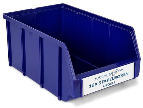 HMH Stapelboxen der Größe L 335x209x152mm für dein Kleinteilelager, Sortierkisten in 5 Farben, Zubehör wie Deckel Trennsteg Beschriftungsfach Wandschiene (Blau, 16 Stück)