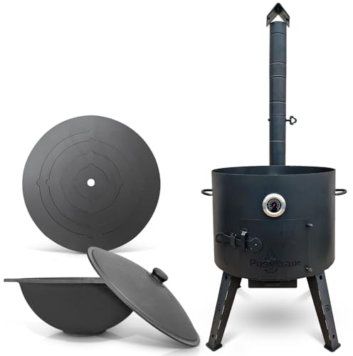 Utschak Uchag - Hornillo de fuego (49 cm de diámetro, 2 mm, acero, 4 mm, Kazan, 22 L, base plana con termómetro)