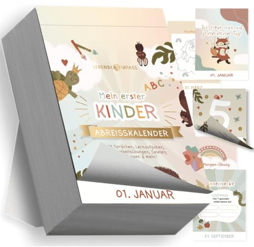 Lebenskompass Abreißkalender für Kinder undatiert - 365 Tage Achtsamkeit für Kinder – mit Kurzgeschichten, Rechen- & Schreibaufgaben, Spielen, Quizfragen und mehr