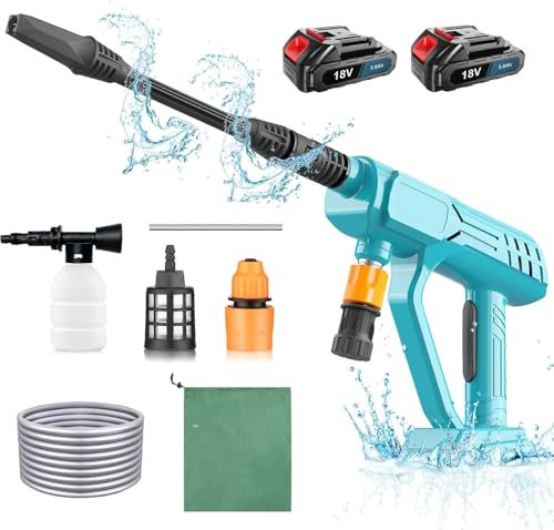 18V Akku Hochdruckreiniger mit 2 x 3.0AH Akku, 5m Schlauch, 3-in-1 Düse Mobile Akku-Hochdruckreiniger,für Auto, Terrasse, Fenster, Rasen