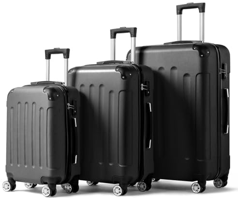Karl home Lightweight Suitcase Set, 3-Piece ABS Hard Shell Luggage with 4 Spinner Wheels & Resilient Handle, Durable Cabin Suitcase for Travel, (Black, 20/24/28)