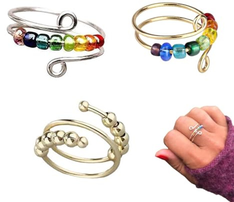 SGERUFZ 3 pièces Anti Stress Ring Set,Anneau d'anxiété réglable,Soulagement efficace de l'anxiété et anneaux antistress,Anneau de filature d'anxiété coloré avec des perles