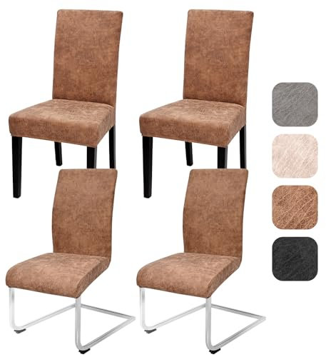 Alishomtll Sämischleder Stuhlhussen 4er/6er Set Vintage PU Stretch Stuhlbezug Elastische Universal Esszimmer Stuhlbezüge Abnehmbar Waschbar Stühle Schutz für Küche Restaurant Hotel (Khaki, 4 Stück)