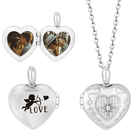 Kiddo Sky Collar Personalizado de Cupido con Imagen en el Interior para Mujer, Colgante de Foto con Medallón de Corazón Delicado de Cobre, 18 + 2 Pulgadas con Caja de Regalo (Plata)