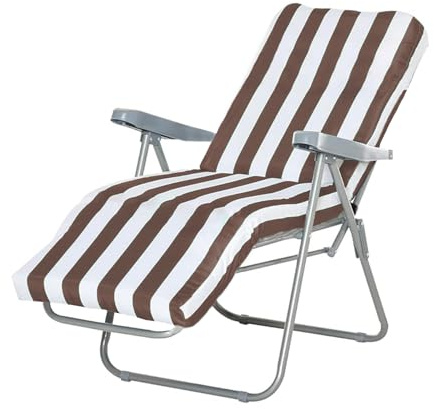 GREATOYAR Cojín Tumbona, Colchoneta Tumbona Acolchada, Cojín Acolchado de Fibra, con Goma y Correas de Sujeción, Tela Polyester, para Exteriores Terraza Jardín Viaje Playa, 120x55x8cm, Raya Marron