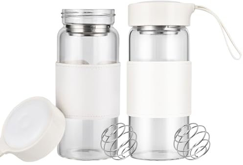 TELAIN Shaker Proteinshake jarras de vidrio para fitness, paquete de 2, 16 oz sin BPA, botella de shaker sin olor con bola de mezcla de acero inoxidable 304 y limpiador desmontable para batidos de