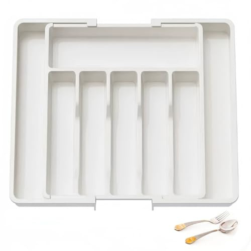 Cutlery Drawer Organiser - Large Cutlery Drawer Organiser for Kitchen, 38 x5x 33~57cm Adjustable Kitchen Drawer Storage Organiser, Expandable Cutlery Tray, Drawer Divider for Forks, Knives (White)
