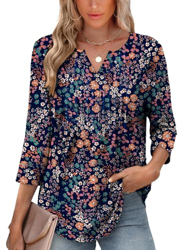 Desol Long Sleeve Top for Women UK V-Neck Loose Ladies Blouse Shirt Tunic Tops Casual Blue Floral Size 16 18 XL