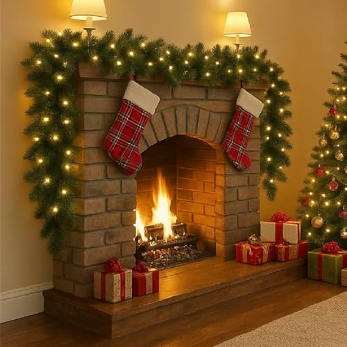 5M/16.4FT Christmas Garland with Lights, Fireplace Decorative Christmas Garlands Artificial Xmas Garland Wreath for Home Store Indoor Outdoor Decorations (100 Warm Lights)