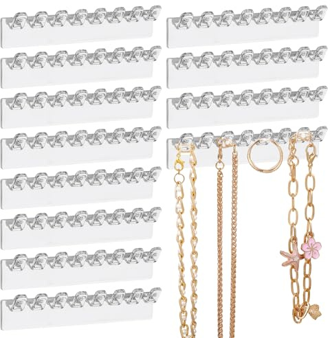 LXUEJIE 12Pcs Self-Adhesive Necklace Organizer, Necklace Holder, Wall Mounted Necklaces Organizers Hanging Jewelry Organizer with 8 Hooks for Necklaces, Bracelets, Rings, Earrings and Jewelry Display