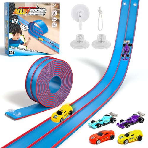 Sunrad 4.5M Race Car Track Flexible Race Track for Kids,Toy Car Ramp Rolls up Portable Dual Racetrack,Toy Car Track with 4 Cars 2 Suction Cups, Christmas Birthday Gifts for 3 4 5 6 7 Years Old Boys