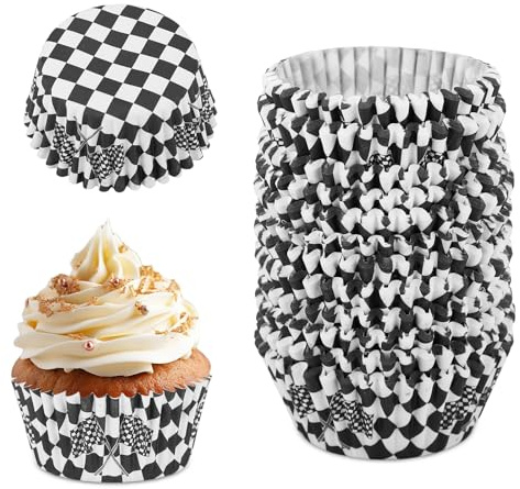 300 Pirottini per Cupcake a Tema Auto da Corsa, Pirottini per Cupcake a Scacchi Bianchi e Neri con Tema Auto da Corsa Decorazioni Feste di Compleanno e Presentazione di Dessert