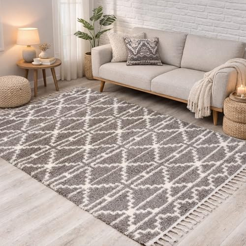 carpet city Alfombra de pelo largo Shaggy gris/topo, 140 x 200 cm, diseño étnico de diamantes, flecos e hilos de urdimbre, mullida, suave, acogedora alfombra para dormitorio y salón