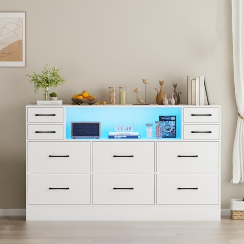 BSTSEL Chest of Drawers with LED Lights, 10 Fabric Drawers, 108x30x72cm Wooden Frame with Black Handles, Large Storage Dresser for Bedroom, Living Room, Hallways, Closet (White)