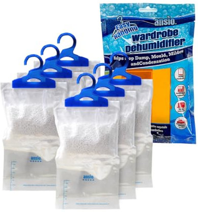 ANSIO® Wardrobe Dehumidifier Disposable Hanging Bags Pack of 6 Room Moisture Absorber Condensation Remover for Damp, Mould in Home, Bathroom, Window, House, Kitchen, Bedroom Interior Traps