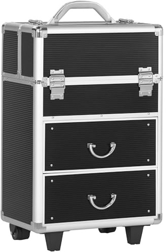 HOMCOM Valise Trolley Maquillage Mallette cosmétique Vanity poignée télescopique réglable 36L x 23l x 58H cm alu ABS Noir