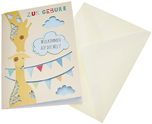 Perleberg Biglietto per nascita in 11,6 x 16,6 cm, regalo di alta qualità per nascita per ragazze e ragazzi, biglietto di compleanno con motivo giraffa, biglietto di auguri con busta
