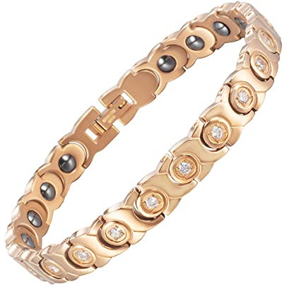 YINOX Frau eingelegt mit roten, weißen und blauen Diamanten, magnetisches Frauen-Magnetarmband, 18 Karat Roségold Titanstahlarmband, 20.5 cm, Titan