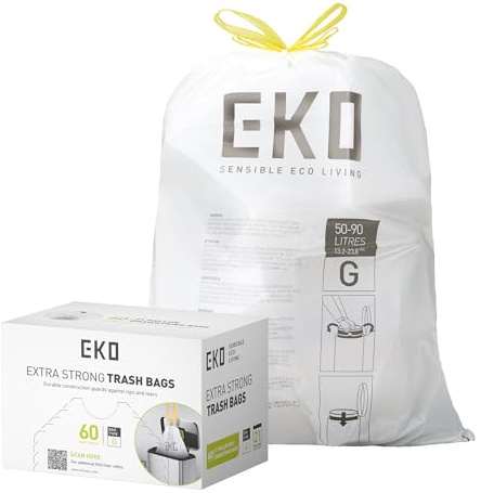 EKO 21 Gallon / 50-90 Liter, 60 Count Drawstring Trash Bags, Extra-Strong Unscented Garbage Bags, Easy-Dispense Roll for Kitchen & Household Use, Code G, White