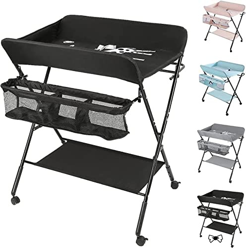 Fasciatoio pieghevole per neonati, fasciatoio portatile, cassettiera per fasciatoio con cuscino, con ruote, fasciatoio mobile con materasso a fasciatoio, 80 x 66 x 98 cm (nero)