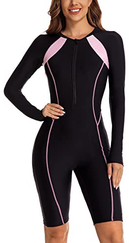 Ecupper Damen Badeanzug Einteiler Rash Guard Zip Up Lange Ärmel Surfen Bademode Gebaut in BH Badeanzüge Reißverschluss(Neoprenfrei) Schwarz-I XL